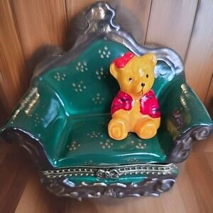 Enamel & Metal Trinket Box/Removable Yellow Bear/Red Hair Bow/Green Sofa/3"L